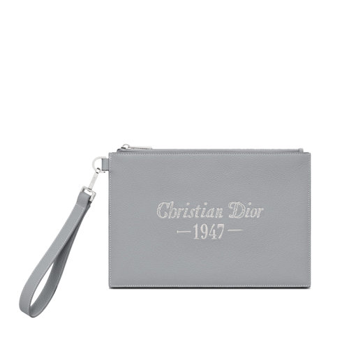 DIOR/迪奧 22新款 男士灰色“Christian Dior 1947”標(biāo)志刺繡粒面牛皮革拉鏈開合A5手拿包2ESCA338NFS_H62Q