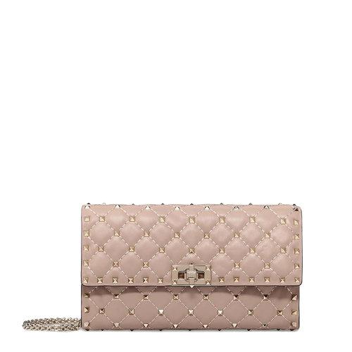 Valentino/華倫天奴 21新款 ROCKSTUD SPIKE系列 女士粉末色絎縫小羊皮翻蓋柳丁鏈條單肩手拿包ZW2B0137NAPP45