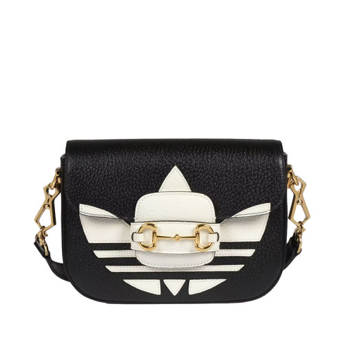 GUCCI/古馳 22新款Horsebit 1955阿迪達(dá)斯聯(lián)名系列 女士迷你款黑色皮革三葉草印花翻蓋馬銜扣細(xì)節(jié)單肩斜挎包658574U3ZDG8726