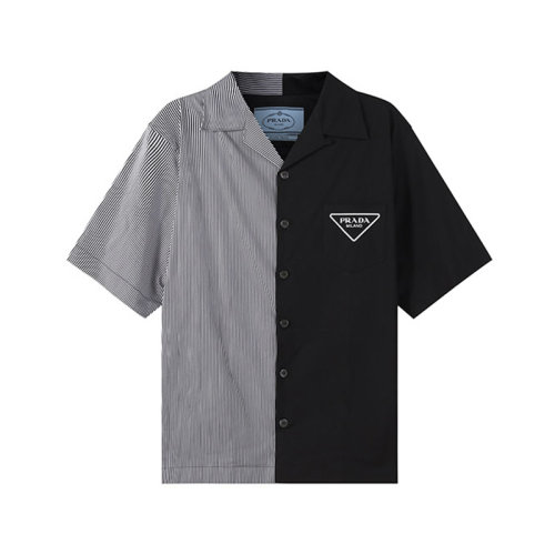 PRADA/普拉達(dá) 【22年新款】 男士棉質(zhì)寬松版休閑短袖襯衫條紋拼接 UCS406 107Q S 2