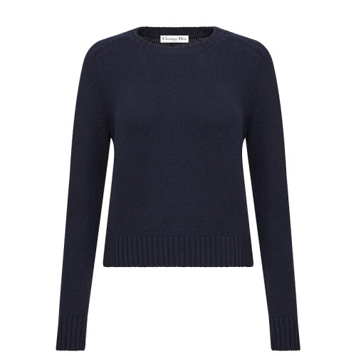 DIOR/迪奧 22年春夏新款 女士藍(lán)色純羊絨Logo刺繡長(zhǎng)袖修身針織衫毛衣144S76AM002_X5620
