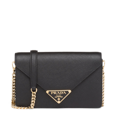 PRADA/普拉達 22年新款 女士黑色saffiano皮革金扣金鏈三角徽標翻蓋單肩斜跨鏈條包1BD3_NZV_F0002_V_CTO