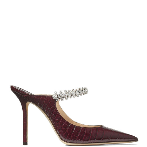 Jimmy Choo/周仰杰 22年秋冬新款 Bing 100系列 女士波爾多酒紅色鱷魚紋壓紋皮革配水晶綁帶尖頭高跟鞋BING100CCL-BORDEAUX