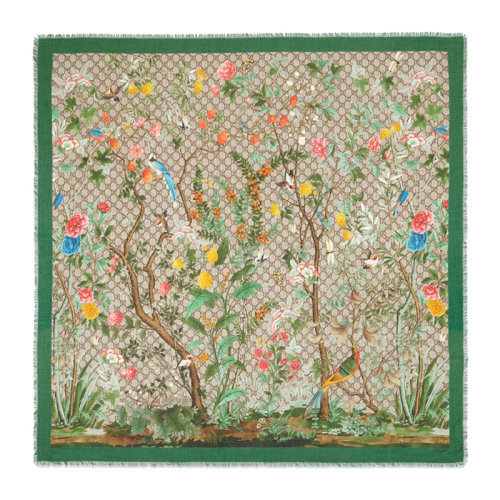 GUCCI/古馳 女士綠色莫代爾真絲混紡GG圖案花卉印花末端流蘇披肩圍巾圍脖絲巾方巾 424456-3G856-3165