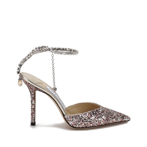 Jimmy Choo/周仰杰【22春夏新款】女士粗粒閃粉面料尖頭高跟涼鞋多色 SAEDA 100 BAO