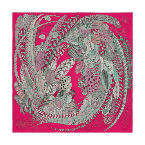 HERMES/愛馬仕 140羽毛節(jié)披肩 女士紫紅色/綠色/舊粉紅色羊絨真絲圍巾H243433S05