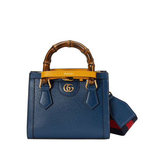 GUCCI/古馳 22春夏新款Diana系列 女士迷你藍(lán)色皮革竹節(jié)手柄橙黃色飾帶金扣手提單肩托特包702732U3ZDT4862