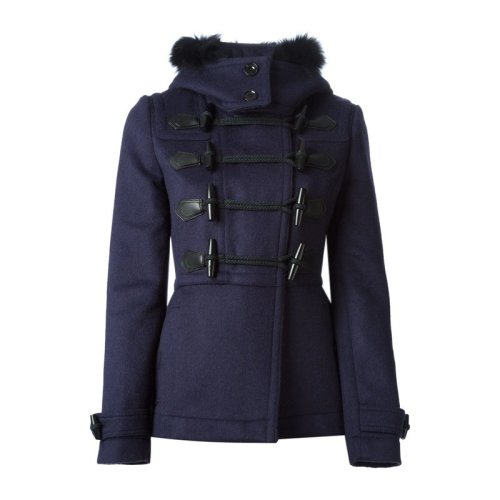 BURBERRY/博柏利 女士藏藍(lán)色羊毛翻毛領(lǐng)系扣短款保暖大衣棉服外套