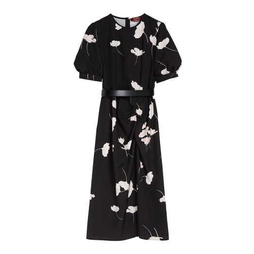 MaxMara/麥絲瑪拉 22年早春新款 MUSCHIO系列 女士黑色滌綸混紡山茶花印花卡迪連衣裙6221092706001