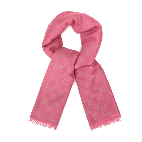 GUCCI/古馳 古琦 GG印花 女士羊毛/混紡流蘇邊粉色圍巾圍脖  627872 3GF66 5600