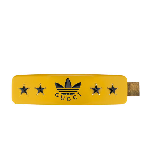 GUCCI/古馳 22新款阿迪達(dá)斯聯(lián)名系列 女士金色調(diào)金屬黑色琺瑯星星三葉草徽標(biāo)黃色樹脂星星鱷魚夾發(fā)夾702940IAABI8520