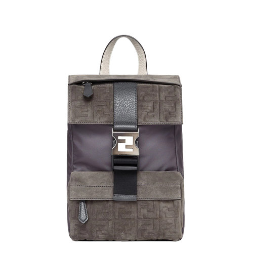 FENDI/芬迪 22春夏新款Fendiness系列 男士小號(hào)灰色絨面小牛皮老花拼接雙肩包7VZ067AHU7F1GM1