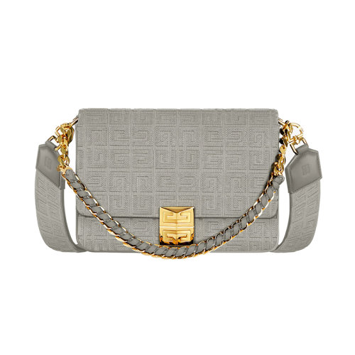 Givenchy/紀(jì)梵希 22新款 女士中號(hào)灰色刺繡壓花帆布配皮革金屬磁扣開(kāi)合拆卸帆布寬肩帶金屬鏈金色飾面單肩斜挎手提包BB50L1B18Z-099