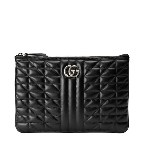 GUCCI/古馳  GG Marmont系列 女士黑色絎縫皮革復(fù)古銀飾雙G手拿包525541DTD6N1000