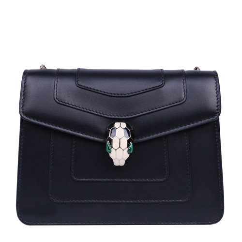 BVLGARI/寶格麗 Serpenti Forever系列女士黑色小牛皮淺金鍍金黃銅黑白琺瑯蛇首扣翻蓋包鏈條包單肩包斜挎包女包 34559
