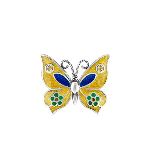 GUCCI/古馳 22春夏新款 925純銀飾互扣雙G綠藍(lán)黃三色琺瑯蝴蝶黃色單邊耳環(huán)679897J84108519