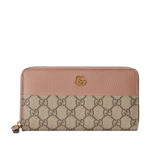 GUCCI/古馳 21新款GG Marmont系列 女士老花帆布粉色皮革金色雙G裝飾拉鏈長款錢包45611717WAG5788