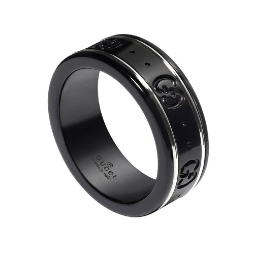 GUCCI/古馳 Icon系列 經(jīng)典款男女通用飾有18K金白金細節(jié)黑色人造剛玉刻有雙G圖案的戒指 225985I19A18061