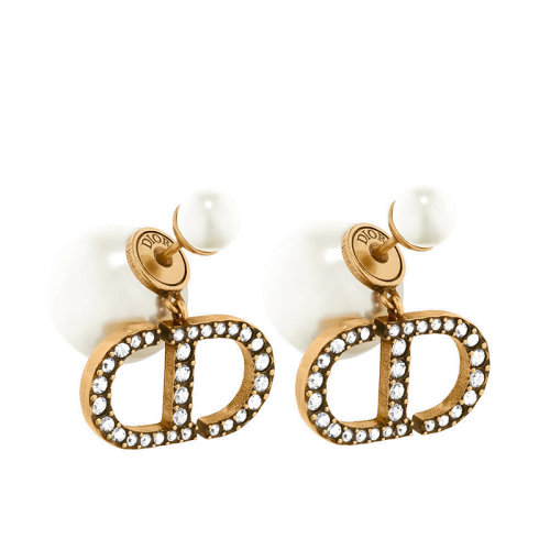 DIOR/迪奧  DIOR TRIBALES系列 女士金色金屬白色樹脂珠晶體CD標志耳環(huán)E1293TRICY_D908