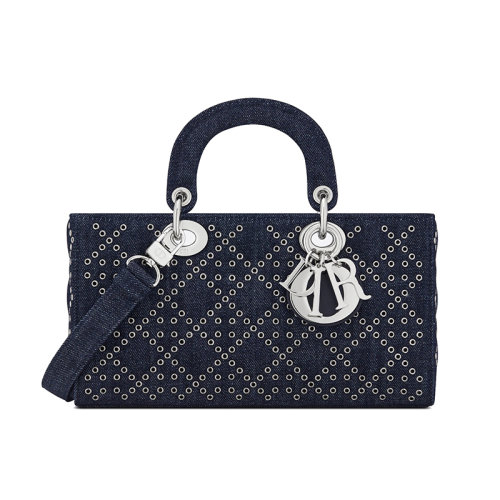 DIOR/迪奧 22新款 LADY D-JOY系列 女士藍(lán)色牛仔布藤格紋Eyelet Blue圖案配金扣單肩斜挎手提戴妃包M0540PJAX_M928