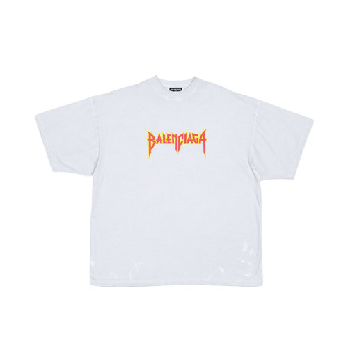 Balenciaga/巴黎世家 22年春夏新款 男士白色純棉油漆效果印花大廓形短袖T恤694576TMV889012