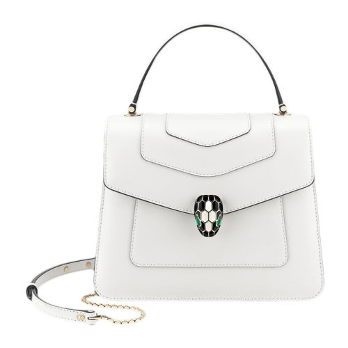 BVLGARI/寶格麗 Serpenti Forever女士白色小牛皮淺金鍍金黃銅黑白琺瑯蛇首扣翻蓋包鏈條包單肩包斜挎包手提包女包 289669