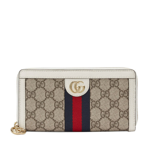 GUCCI/古馳 經(jīng)典款Ophidia系列 女士米色/烏木色老花帆布白色皮革滾邊拼接紅藍(lán)條紋織帶拉鏈長款錢包52315496IWG9794