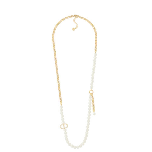 Dior/迪奧 22春夏新款30 MONTAIGNE系列 女士金色飾面金屬白色樹脂珍珠拼接CD長款項(xiàng)鏈 N1685MTGCY_D301