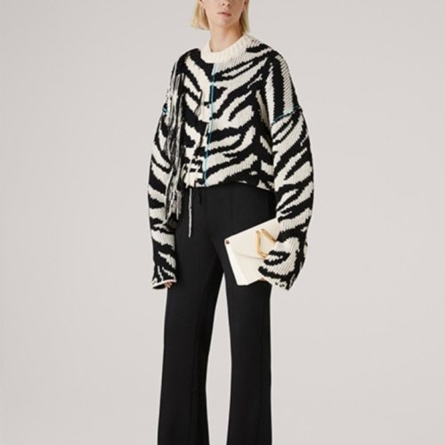 St.John/盛薔黑白虎紋提花寬松針織流蘇女士針織衫/毛衣K5110B3