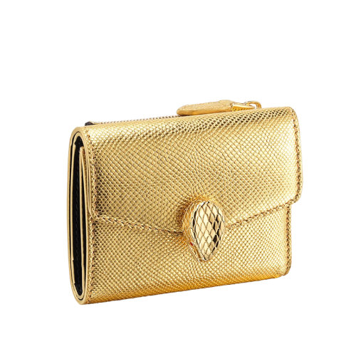 BVLGARI/寶格麗 特別版本Serpenti Forever 金色karung和黑色小牛皮制成搭配金色蛇頭三折錢包 290656