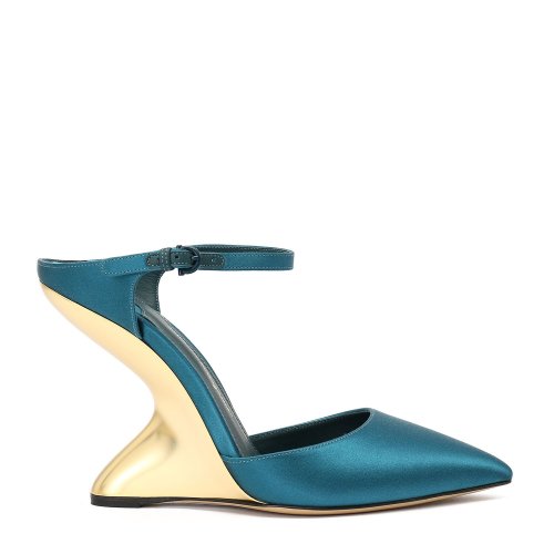 Salvatore Ferragamo/菲拉格慕 孔雀藍(lán)色 女士設(shè)計(jì)感尖頭坡跟涼鞋 694760-01N671-NATURNO-7EX5M