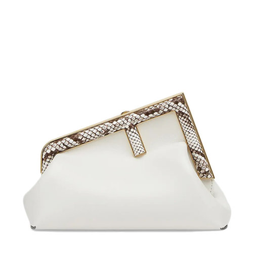 FENDI/芬迪 FIRST系列 女士小號白色納帕皮革蟒蛇皮飾邊F金屬搭扣單肩手拿包8BP129AGWRF1GEN