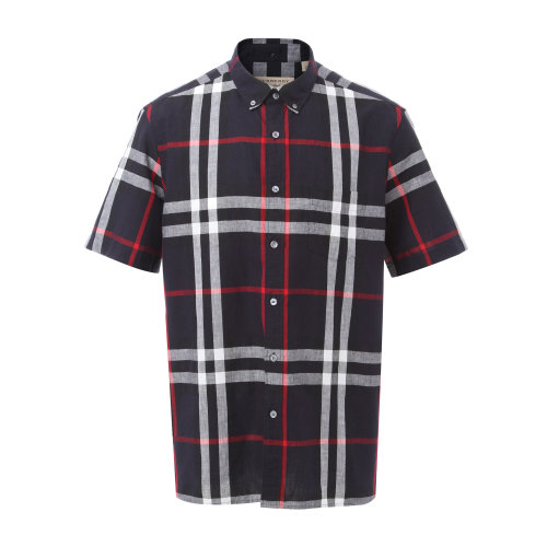 BURBERRY/博柏利 burberry服裝 棉麻混紡翻領(lǐng)格紋設(shè)計男士短袖襯衫 短襯 內(nèi)搭 休閑上裝40154301
