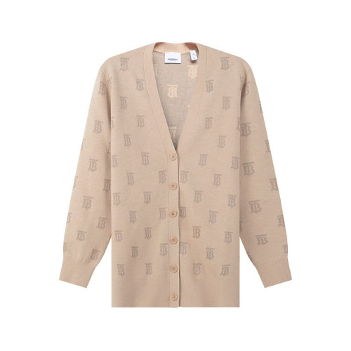 BURBERRY/博柏利 【22秋冬新款】 女款綿羊毛/桑蠶絲寬松版V領(lǐng)單排扣針織開衫羊毛衫毛衣外套 80571381