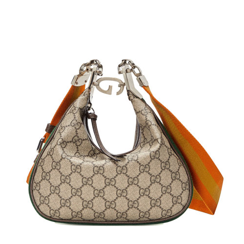GUCCI/古馳 22新款 女士經(jīng)典米色烏木色老花帆布紅綠織帶飾邊新月造型G鉤扣小號(hào)單肩手提包?69940996GRN4091