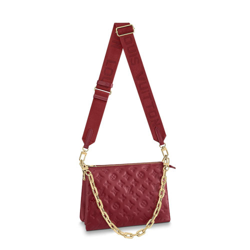 Louis Vuitton/路易威登 經典款COUSSIN系列 女士小號酒紅色羊皮革老花壓印金鏈條配可拆卸肩帶單肩斜挎手提鏈條法棍包M59275