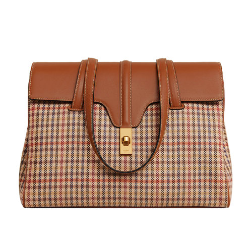 CELINE/賽琳 22新款16系列 女士中號多色格子紋花呢配棕色系皮革金扣翻蓋開合單肩手提包195542EOM.14ML