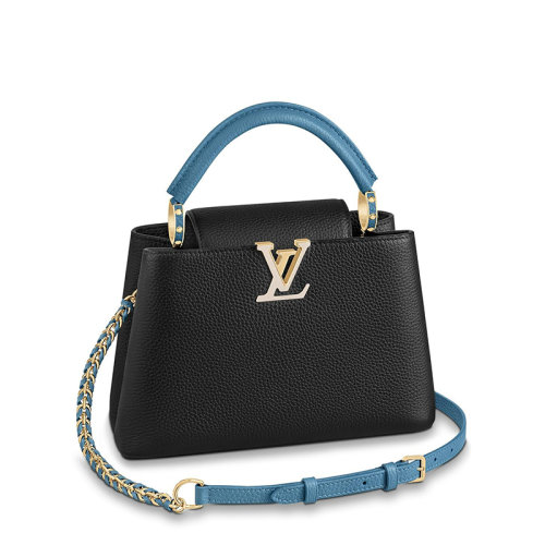 Louis Vuitton/路易威登 22春夏新款CAPUCINES BB系列黑色/藏青色皮革金扣配可拆卸皮革金鏈混編效果鏈條肩帶單肩斜挎手提包M59653