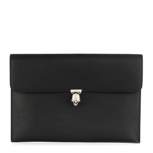 Alexander McQueen/亞歷山大麥昆 女士黑色皮革銀骷髏頭按扣翻蓋錢包手拿包女包 554197-1DD01-1000