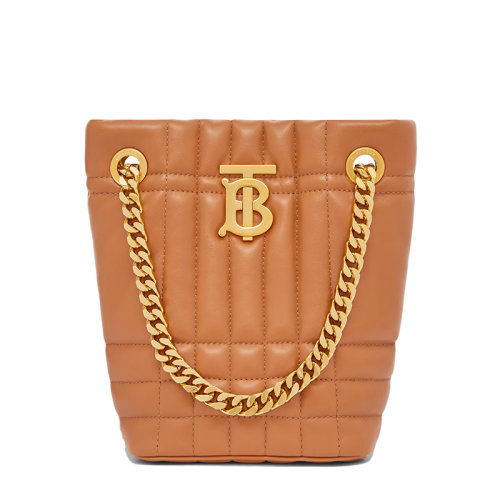 BURBERRY/博柏利 Lola系列 女士迷你楓棕色絎縫羊皮革TB專屬標識單肩手提水桶包80508771