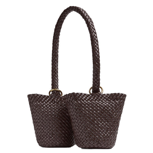 Bottega Veneta/葆蝶家 22新款 女士苦巧克力色羔羊皮帶Intreccio圖案絎縫金屬環(huán)滑動(dòng)肩帶抽繩內(nèi)袋黃銅飾面雙水桶單肩包716929V01D02024
