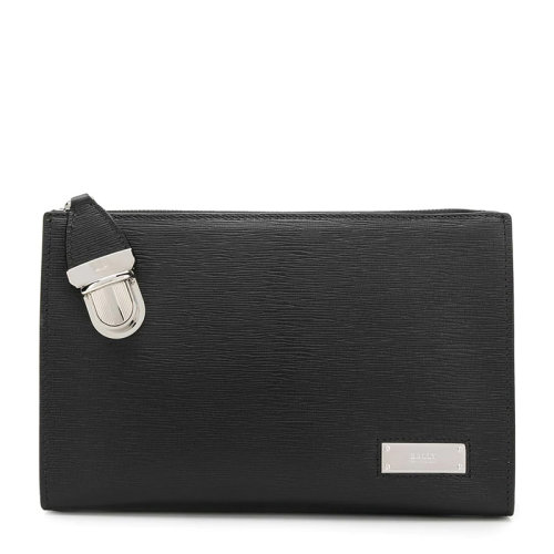 BALLY/巴利 BANNER系列男士黑色小牛皮金屬字母徽標(biāo)裝飾拉鏈搭扣開合手拿包公文包男包 6222746