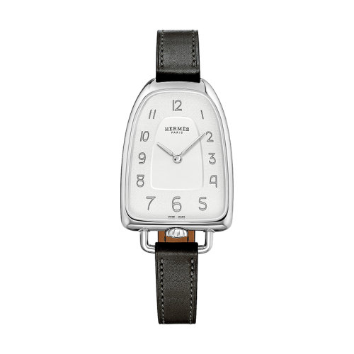 HERMES/愛(ài)馬仕      Galop系列 女士石英機(jī)芯水晶銀紋表盤精鋼表殼和小牛皮表帶40,8x26毫米W047872WW00