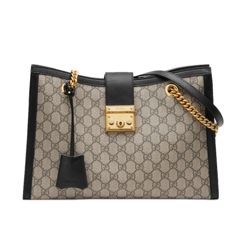 GUCCI/古馳 經(jīng)典GG Padlock系列 老花帆布拼接黑色牛皮中號鏈條單肩手提包479197KHNKG9769