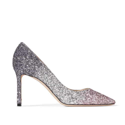 Jimmy Choo/周仰杰 芭蕾粉色/銀色/碳灰色三重漸變閃粉面料尖頭高跟鞋  ROMY85