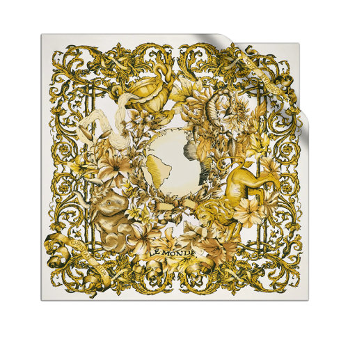 DIOR/迪奧 22年早春新款 女士金色純桑蠶絲Le Monde世界印花方巾絲巾21TAR090I610_CO90