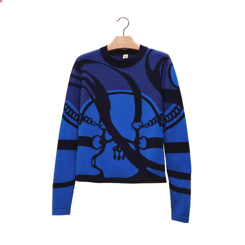 HERMES/愛(ài)馬仕 22年秋冬新款 女士藍(lán)色羊絨“Morning Walk”圖案嵌花圓領(lǐng)長(zhǎng)袖毛衣H2H2664D27R34