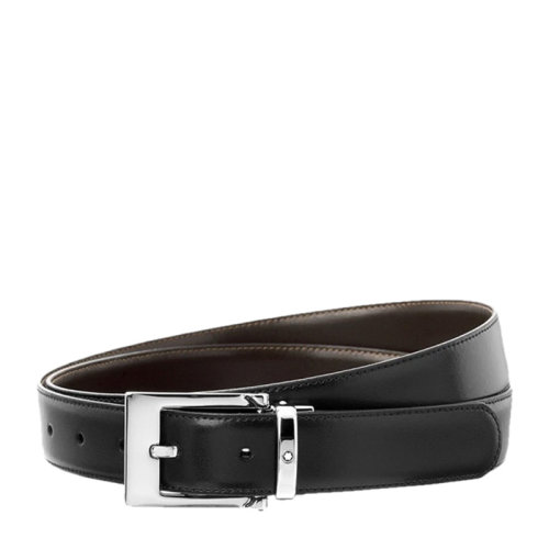 Mont Blanc/萬寶龍 男士黑棕拼色皮革休閑系列矩形閃亮波浪鍍鈀針式腰帶皮帶 128140