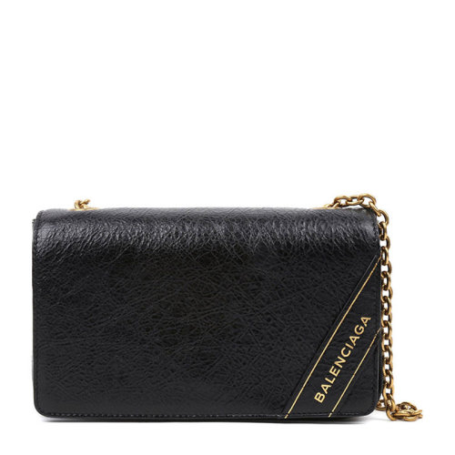 Balenciaga/巴黎世家 女士黑色小牛皮浮雕字母LOGO翻蓋鏈條單肩包斜挎包女包 502027-D94IM-1000