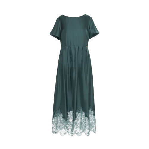 HUI/卉 女士連衣裙20春夏新款綠松色圓領(lǐng)蕾絲拼接收腰連衣裙
